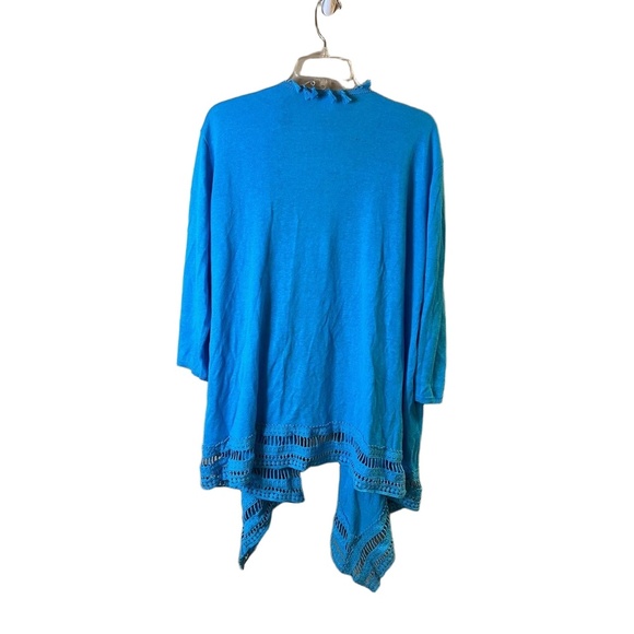NWT Chicos Blue Crochet Lace Hem Tassel Trim Open Front Cardigan Size 4 (XL) - Picture 5 of 11
